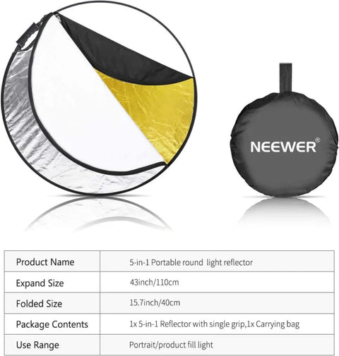 Neewer 110cm 5-in-1 Portable Collapsible Reflector & Diffuser With Carry Bag