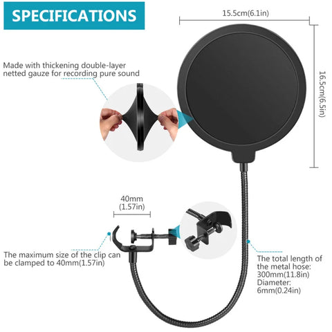 Neewer Nw(b-3) 6inches Pop Filter With Gooseneck And C-style Clamp Filter/shield (black)