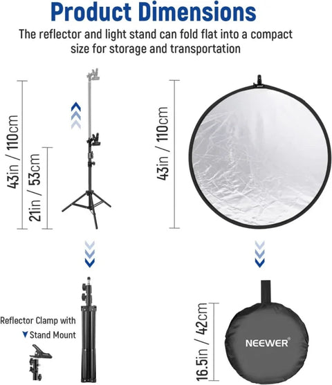 Neewer Portrait Kicker Fill-in Light Reflector 110cm Floor Stand + 5-in-1 + Clamp