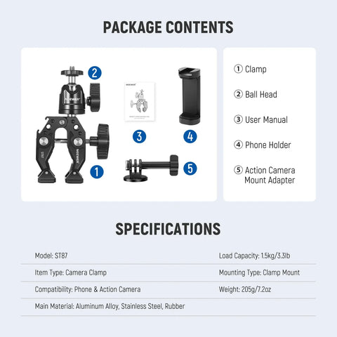 Neewer  ST87 3inch Super Clamp & Ball Head With Phone Clip And Gopro Adapter
