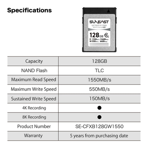 Suneast Cfexpress Type-b 128gb Memory Card White Se Series 550mb/s • Camerastuff • South Africa