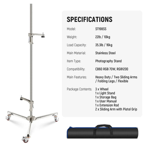 Neewer St198ss 198cm Stainless Steel Wheeled Stand with Double Pistol Grips • Camerastuff • South Africa
