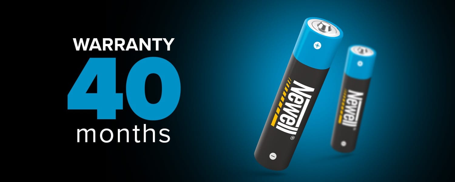 Newell Rechargeable NiMH AA Batteries 2500mAh with 40-month warranty in blue lighting.