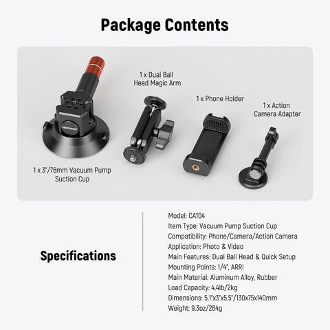 Neewer CA104 3-inch Suction Cup Mount with Dual Ball Head Magic Arm