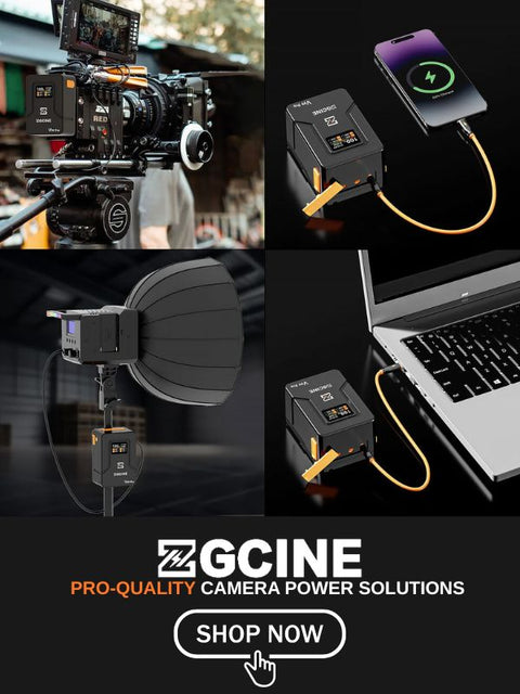 A promotional collage for GCINE camera power solutions, showing a camera rig, a smartphone charging with a yellow cable, a softbox light modifier, and a laptop charging with the same cable. The bottom features the GCINE logo and a 'SHOP NOW' button.