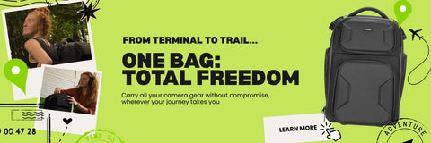 Backpack advertisement with text 'One Bag: Total Freedom' on a green background