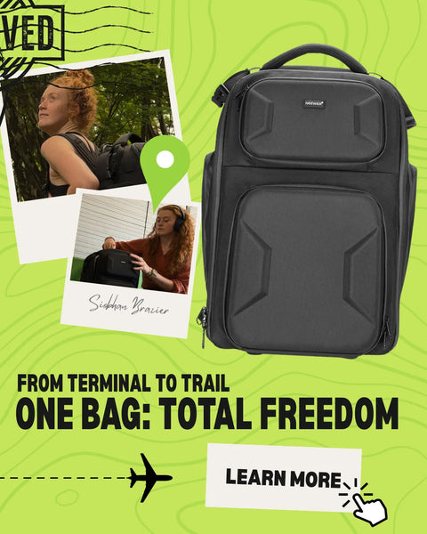 Black backpack on a green background with promotional text and images of a woman with a backpack.