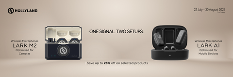 Promotional banner for Hollyland wireless microphones, featuring the Lark M2 on the left and the Lark A1 on the right, both shown in open and closed states with their charging cases. The background is a solid beige color with promotional text.