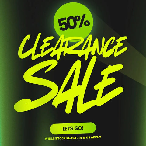 Clearance sale advertisement with bright green text on a dark background
