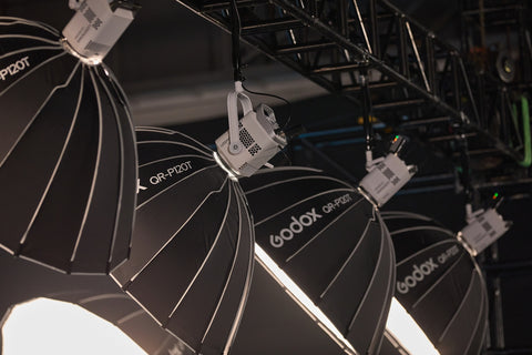 Godox studio lights with softboxes in broadcast studio