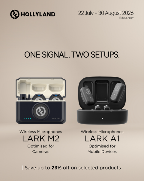 Promotional graphic for Hollyland wireless microphones, showing two product renderings side by side: a black Lark M2 microphone optimized for cameras and a black Lark A1 wireless microphone optimized for mobile devices. The background is a solid warm beige tone with Hollyland branding and sale text.