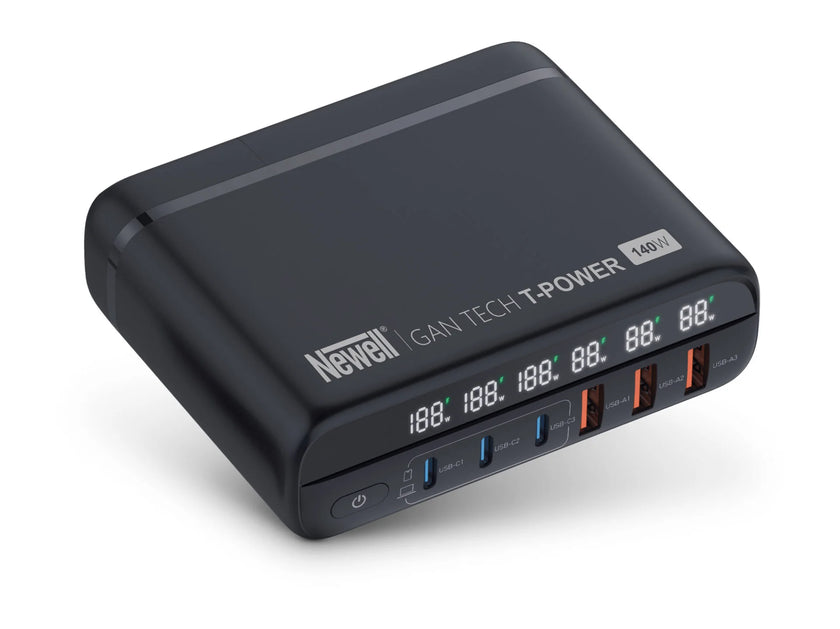 Newell GaN 140W USB-C fast charger with six ports and a worldwide plug adapter set