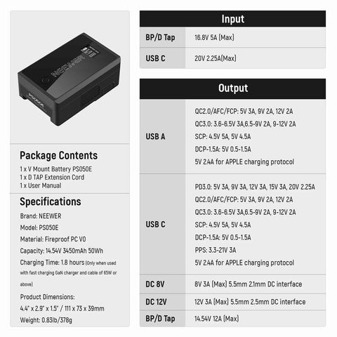 Neewer PS050E V-Mount Battery 50Wh 3450mAh 14.54V