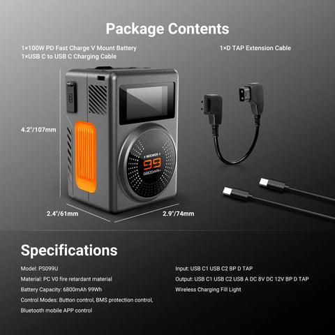 Neewer PS099U 99Wh Mini V-Mount Battery 100W PD & Wireless Charging