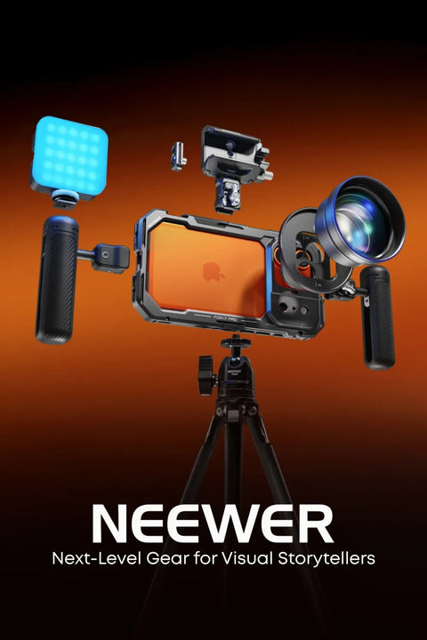 Video camera setup with lighting and lens on a tripod against an orange gradient background, featuring the Neewer brand.