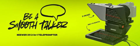 Neewer X12 2-in-1 Teleprompter on a bright green background with promotional text.