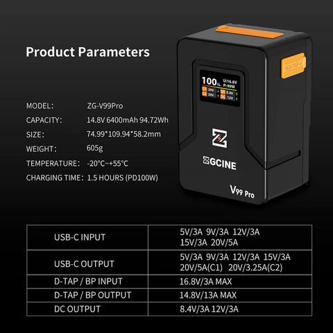 ZGCINE ZG-V99Pro 99Wh V-Mount Battery 100W PD Display