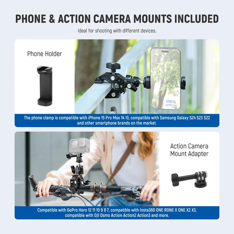 Neewer  ST87 3inch Super Clamp & Ball Head With Phone Clip And Gopro Adapter