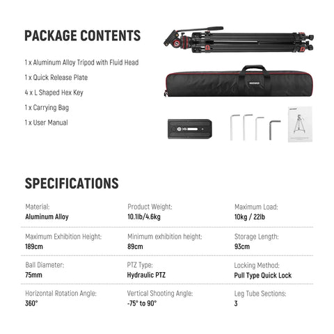 Neewer Tp75 74’’/189cm Aluminium Video Tripod with Fluid Head • Camerastuff • South Africa