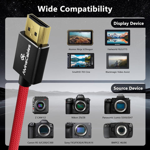 Alvins Cables 8K 2.1 Full HDMI Cable 17/28in Braided Coiled Red / Straight-Straight