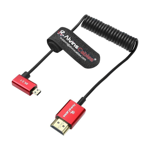 Alvins Cables 8K 2.1 Ultra-Thin Micro HDMI to HDMI Coiled —Right Angle Micro HDMI 30cm