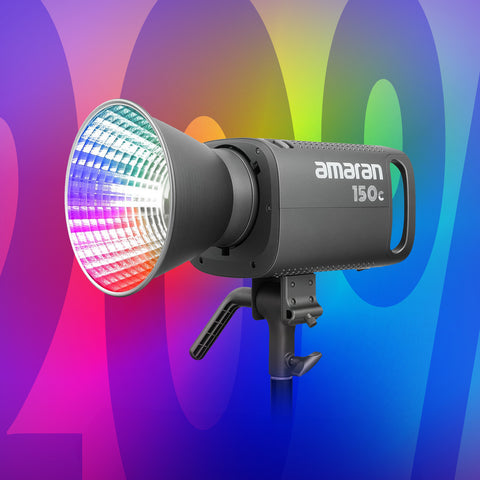 Studio light with 'amaran' branding on a colorful background