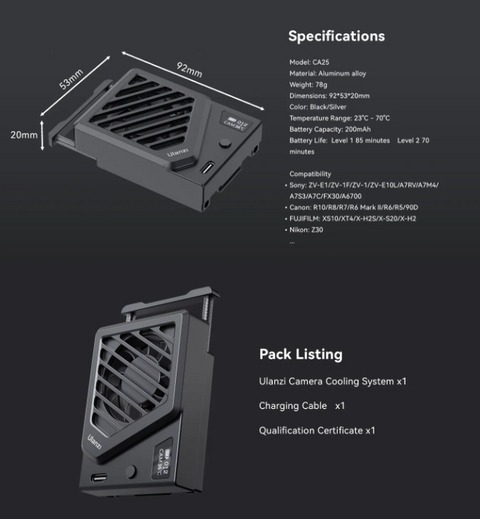 Ulanzi Ca25 Thermostatic Camera Cooling Fan for Select Cameras (c072gbb3) • Camerastuff • South Africa