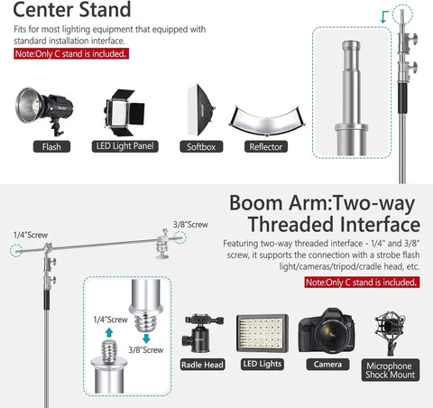 Neewer 300cm Adjustable C-Stand Light Stand with Extension Boom Arm, Removable Turtle-Base and Carry Bag | CameraStuff | South Africa Gauteng Online Shop