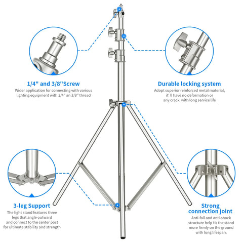 Neewer 300cm Heavy-Duty Silver Stainless Steel Spring-Cushioned Light Stand | CameraStuff | South Africa Gauteng Online Shop