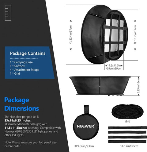 Neewer 58cm Collapsible Softbox with Grid for Neewer 660 PRO LED Constant Light Panel | CameraStuff | South Africa Gauteng Online Shop