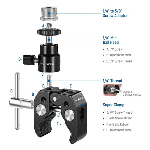 Neewer ST48 Crab Clamp Articulated 1/4 Mini Ball Head For Microphones and Camera Lighting Accessories | CameraStuff | South Africa Gauteng Online Shop