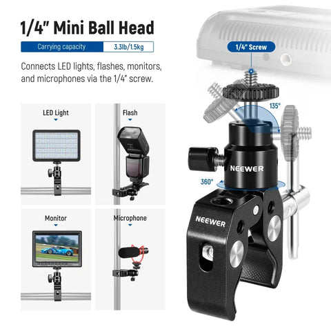 Neewer ST48 Crab Clamp Articulated 1/4 Mini Ball Head For Microphones and Camera Lighting Accessories | CameraStuff | South Africa Gauteng Online Shop