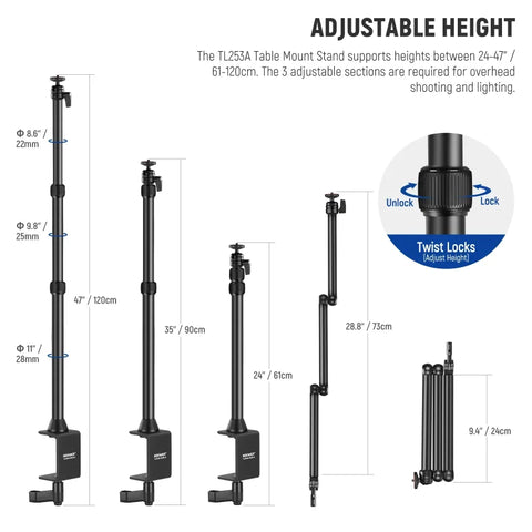 Neewer TL253A+MH022 Desktop Streaming Camera Mount Stand with 1/4" Ball Head & Clamp | CameraStuff | South Africa Gauteng Online Shop