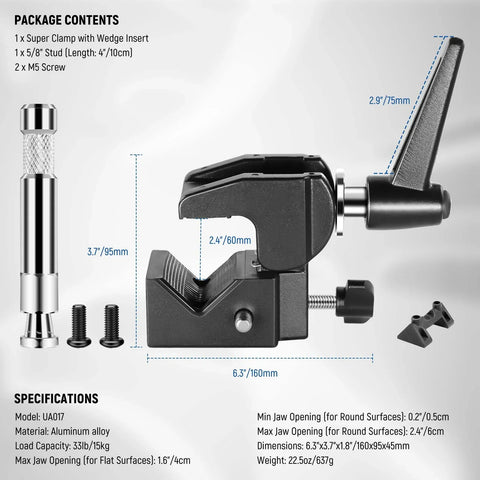 Neewer UA017 Super Clamp with 5/8" Stud Spring Lock 2.4" Jaw Grip Heavy Duty Crab Pole Clamp | CameraStuff | South Africa Gauteng Online Shop