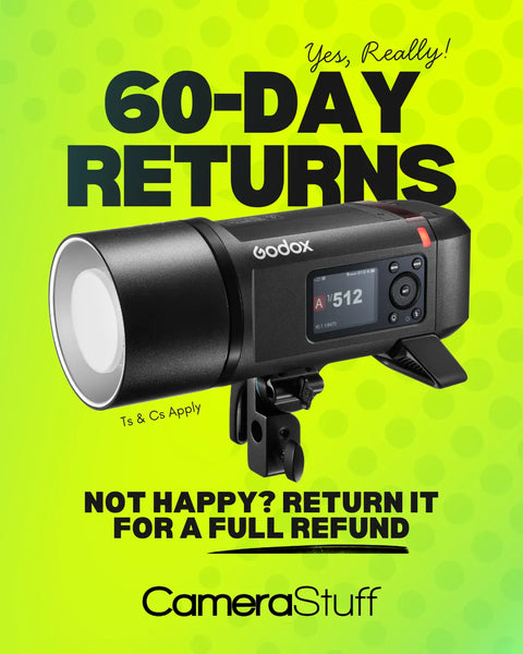 Godox camera light with promotional text about 60-day returns on a green background