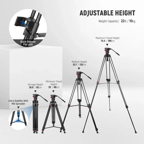 Neewer Tp75 74’’/189cm Aluminium Video Tripod with Fluid Head • Camerastuff • South Africa