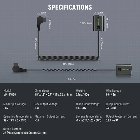 Neewer Vp-fw50 D-tap to Np-fw50 Dummy Battery & Cable • Camerastuff • South Africa