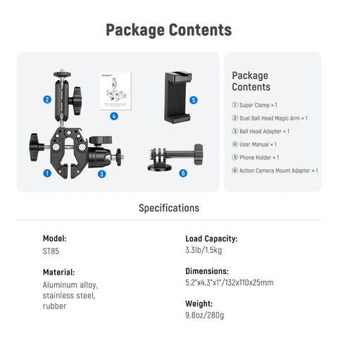 Neewer ST85 Super Clamp with 3" Dual Ballhead Magic Arm