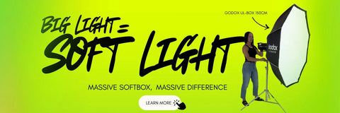 Advertisement for a photography softbox with text on a green background