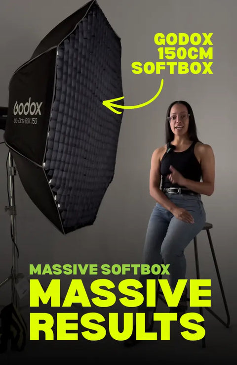 Godox 150cm softbox with a person sitting on a stool against a gray background