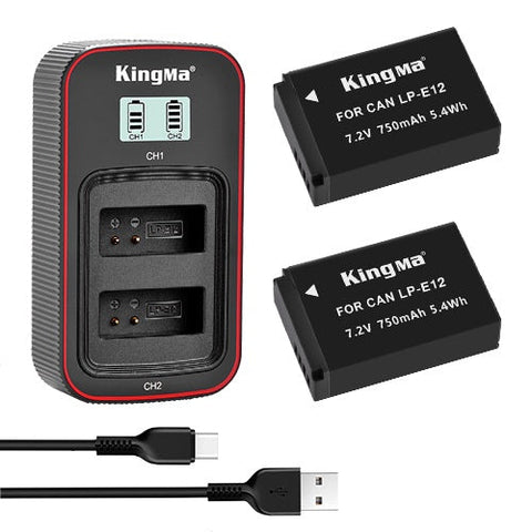 KingMa 2-Pack 750mAh LP-E12 Battery and LCD Dual Charger for Canon