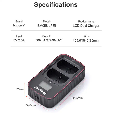 Kingma Canon LP-E6/LP-E6N/LP-E6NH LCD Dual USB Camera Battery Charger
