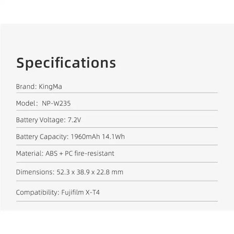 Kingma Fujifilm NP-W235 Camera Battery 1960mAh
