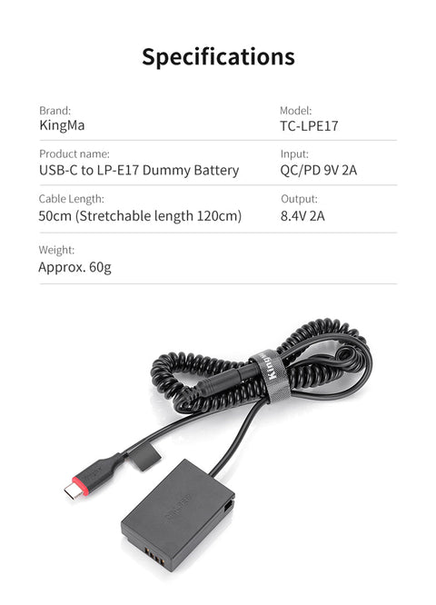 Kingma Tc-lpe17-m Lp-e17 Usb-c Replacement Dummy Battery Adapter for Canon • Camerastuff • South Africa