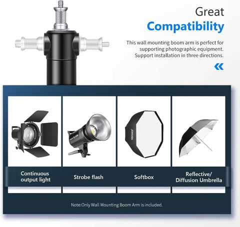 Neewer 2-pack Studio Wall Mount Boom Arm 180cm (black) • Camerastuff • South Africa