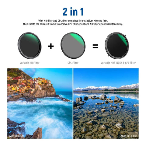 Neewer 62mm Filter 2-in-1 Cpl Circular Polarizer and Vnd Nd2-nd32 Variable Neutral Density • Camerastuff • South Africa