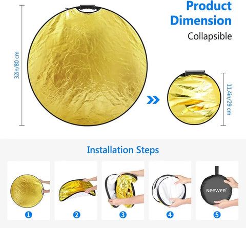 Neewer 80cm 5-in-1 Portable Round Light Reflector Collapsible Multi-disc with Single Grip and Bag • Camerastuff • South