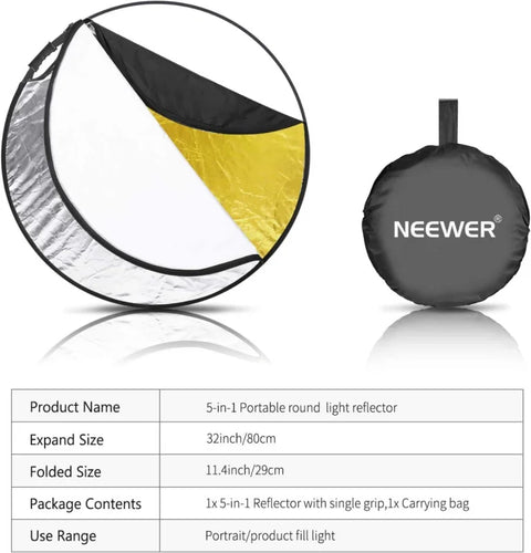 Neewer 80cm 5-in-1 Portable Round Light Reflector Collapsible Multi-disc with Single Grip and Bag • Camerastuff • South
