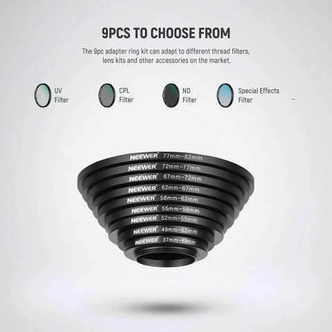Neewer 9 Pieces Step-Ip Lens Filter Adapter Rings Set