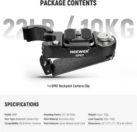 Neewer Gp67 Camera Backpack Actioncam Clip Mount with Arca Quick Release • Camerastuff • South Africa